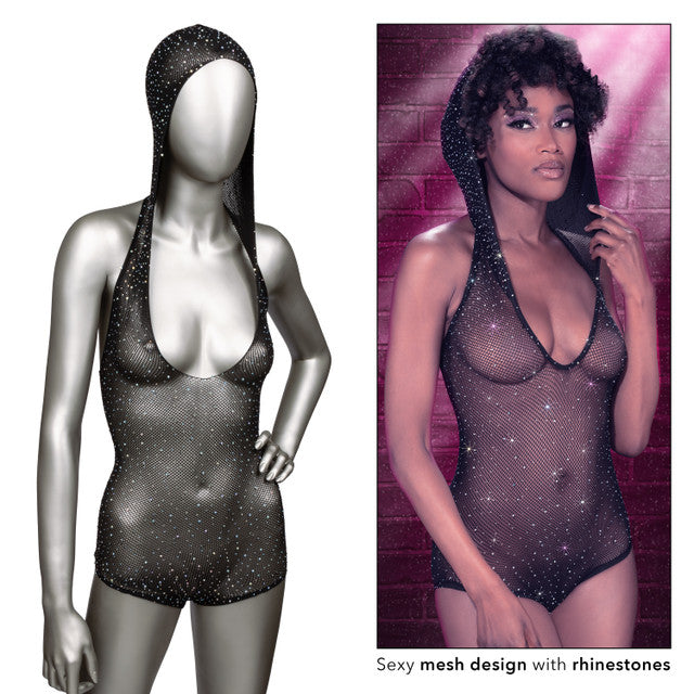 Calexotics Radiance Hooded Deep V Bodysuit with Dazzling Rhinestone Accents