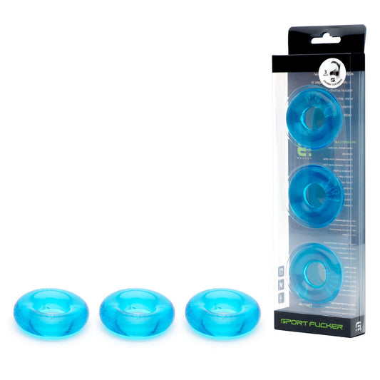 Sport Fucker Rubber Cockring - Ice Blue Cock Ring Set - 3 Pack