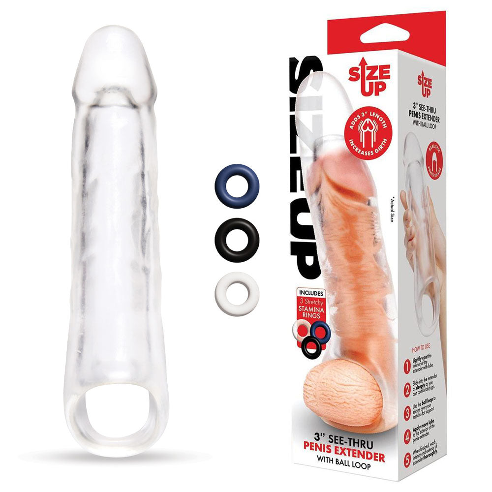 Size Up 3" See-Thru Penis Extender with Ball Loop - Clear 7.6cm Penis Extension Sleeve