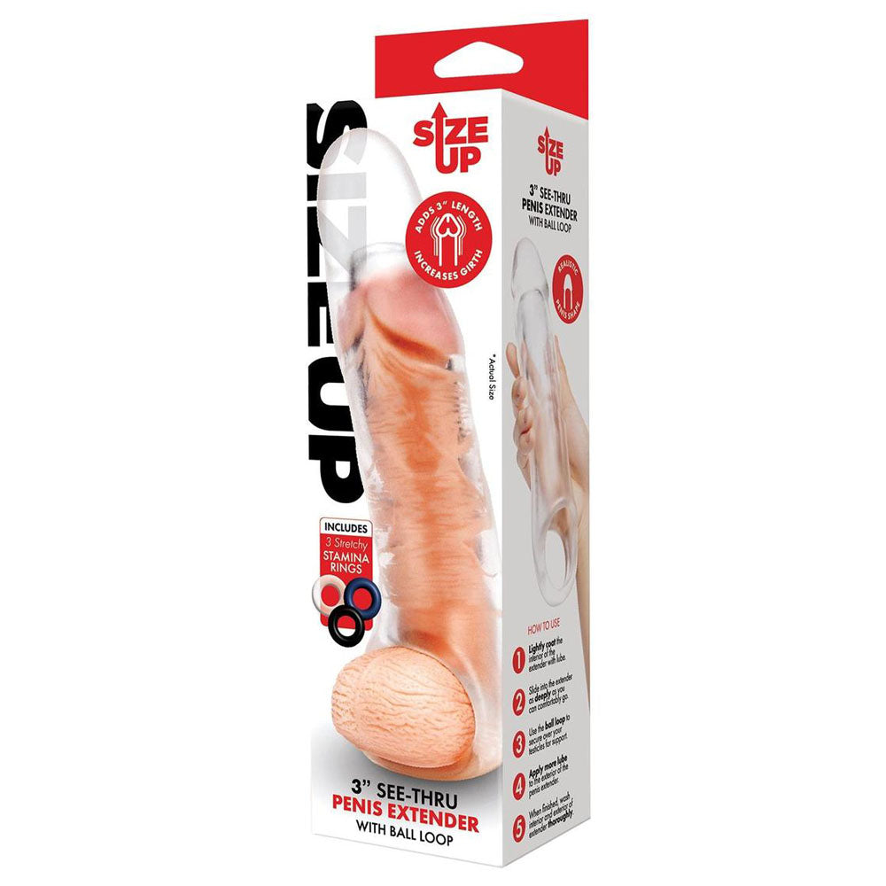 Size Up 3" See-Thru Penis Extender with Ball Loop - Clear 7.6cm Penis Extension Sleeve