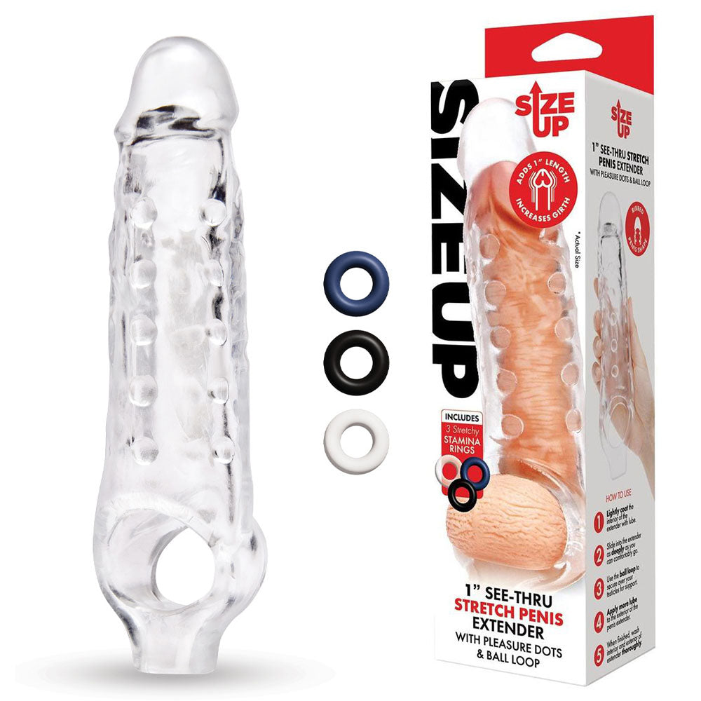 Size Up 1" See-Thru Stretch Penis Extender - Clear 2.5cm Penis Extension Sleeve