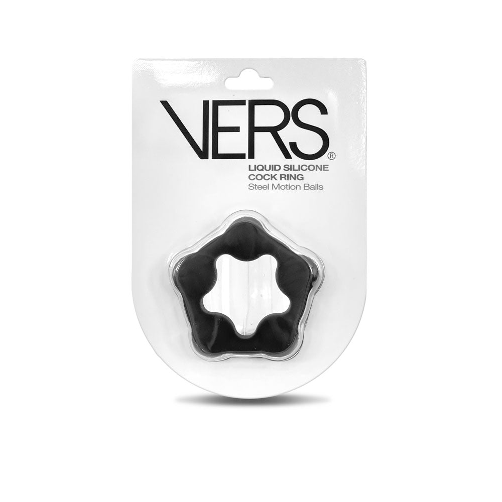 VERS Liquid Silicone Steel Motion C-Ring Black Cock Ring with Steel Motion Balls