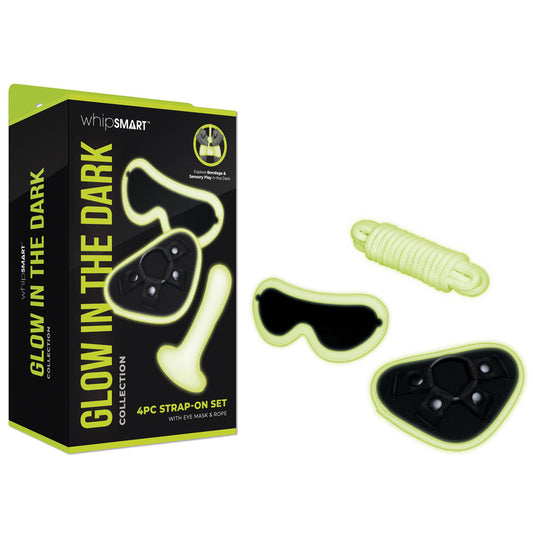 WhipSmart Glow In The Dark 4 Pc Strap-On Set - 15.2cm Strap-On with Eye Mask & Rope