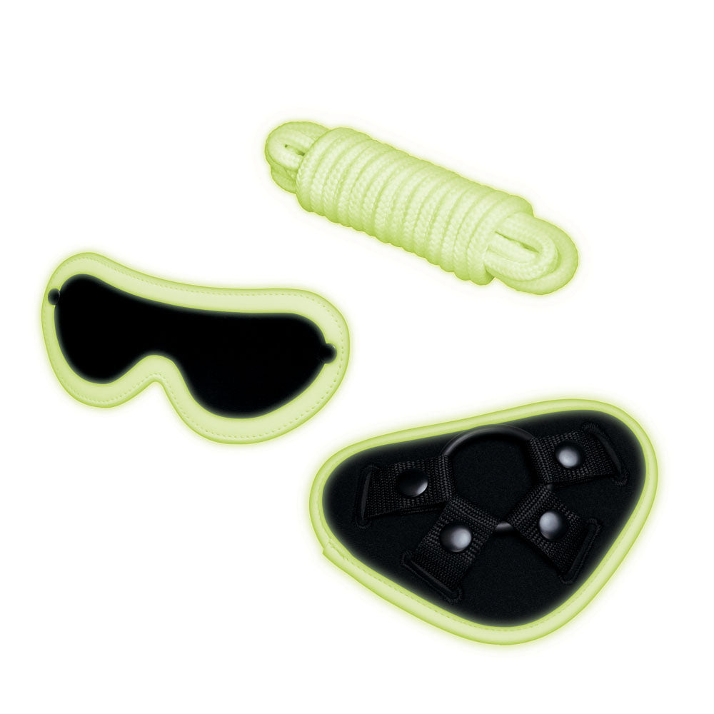 WhipSmart Glow In The Dark 4 Pc Strap-On Set - 15.2cm Strap-On with Eye Mask & Rope