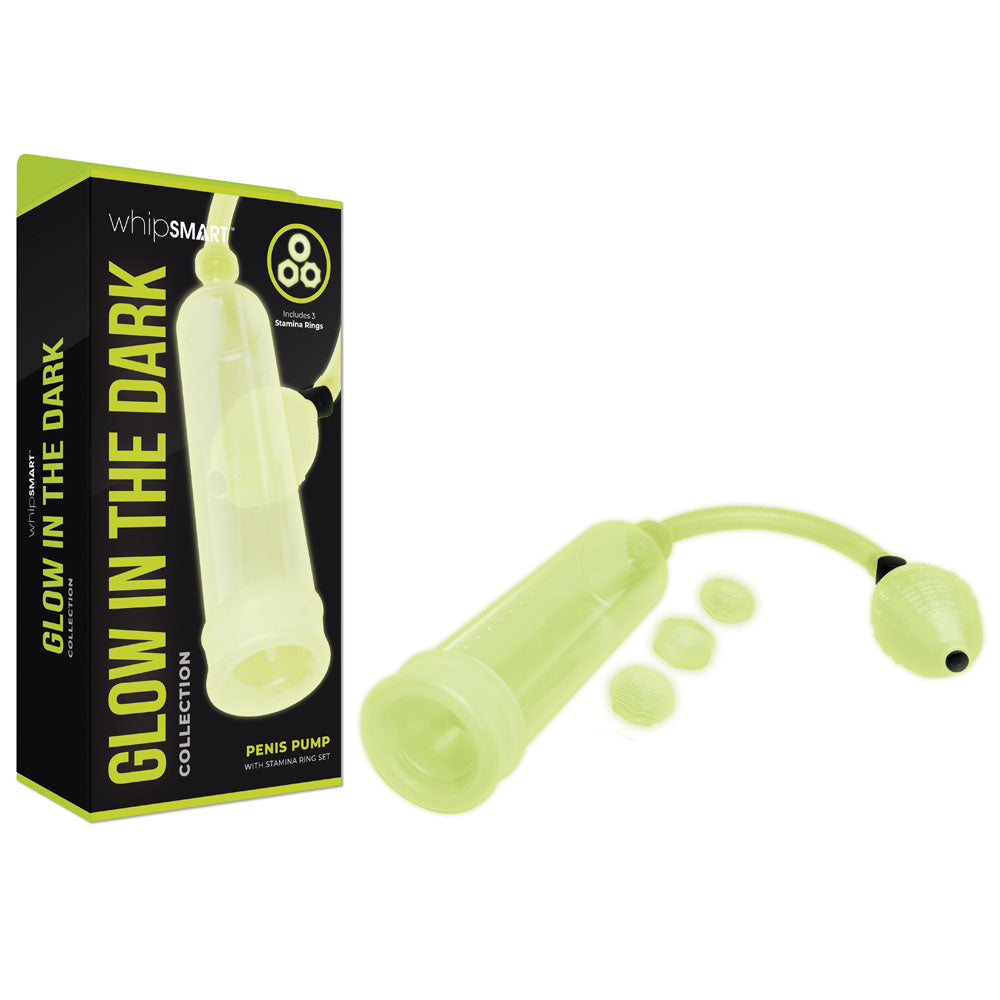 WhipSmart Glow In The Dark Penis Pump with 3 Piece Cock Ring Set