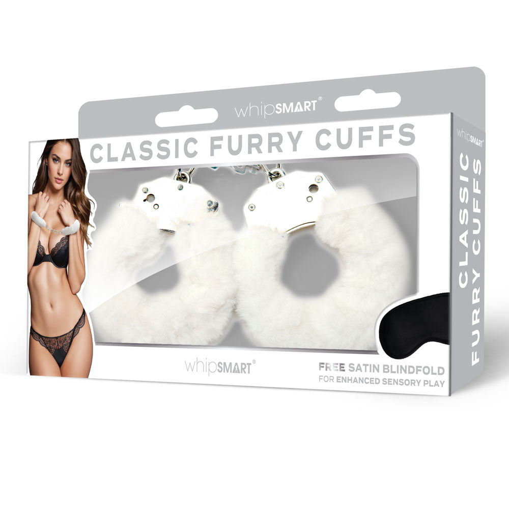 WhipSmart Classic Furry Cuffs with Bonus Satin Blindfold White