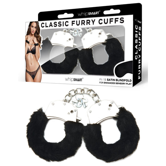 WhipSmart Classic Furry Cuffs with Bonus Satin Blindfold Black