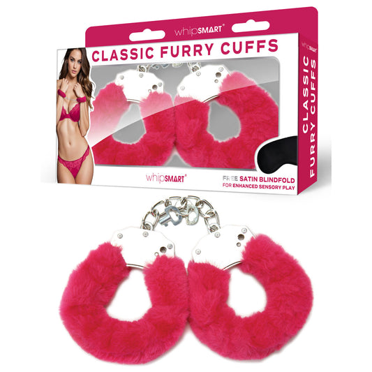 WhipSmart Classic Furry Cuffs with Bonus Satin Blindfold Hot Pink