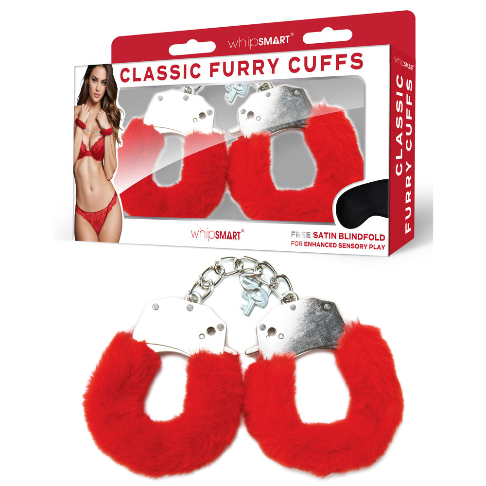 WhipSmart Classic Furry Cuffs with Bonus Satin Blindfold Red