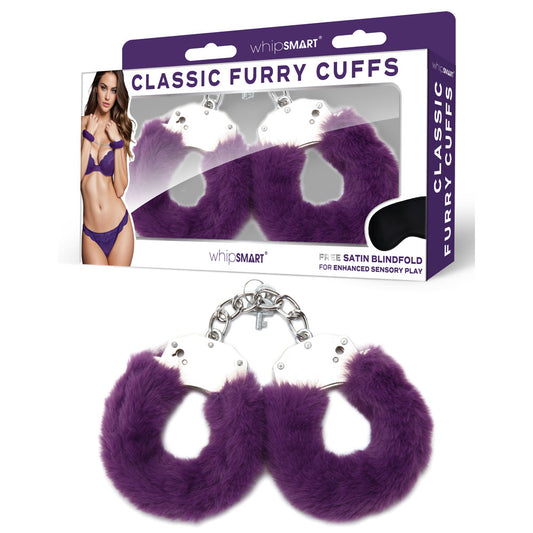 WhipSmart Classic Furry Cuffs with Bonus Satin Blindfold Purple