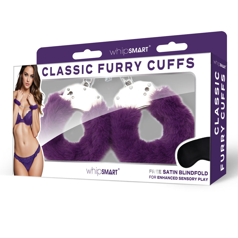 WhipSmart Classic Furry Cuffs with Bonus Satin Blindfold Purple