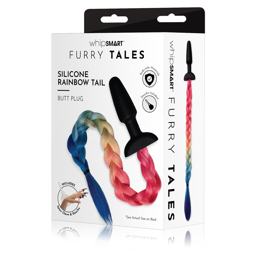 WhipSmart Furry Tales Silicone Rainbow Tail - Black 8.9cm Butt Plug with Rainbow Tail