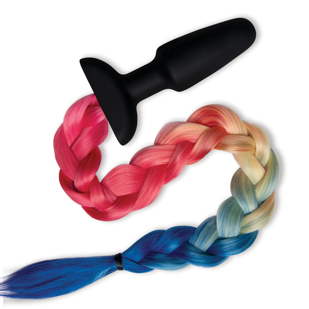 WhipSmart Furry Tales Silicone Rainbow Tail - Black 8.9cm Butt Plug with Rainbow Tail