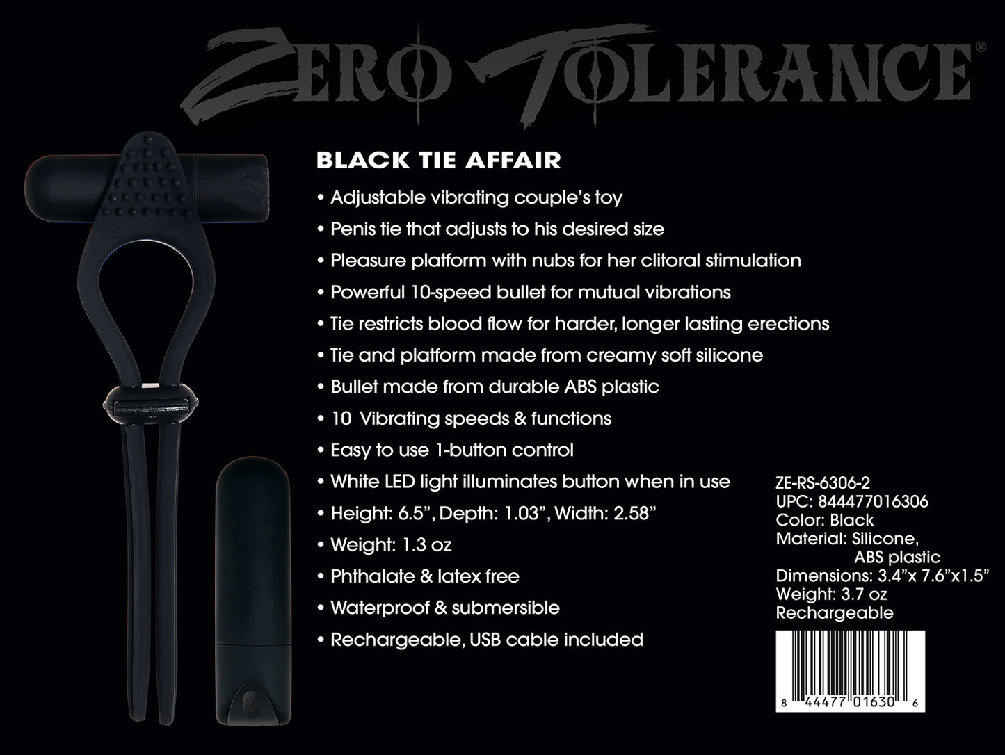 Zero Tolerance Black Tie Affair - Black USB Rechargeable Vibrating Lasoo Cock Ring