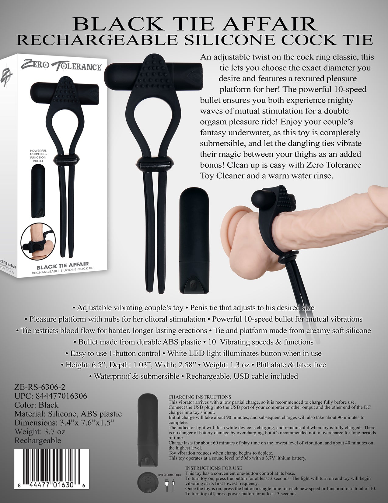 Zero Tolerance Black Tie Affair - Black USB Rechargeable Vibrating Lasoo Cock Ring