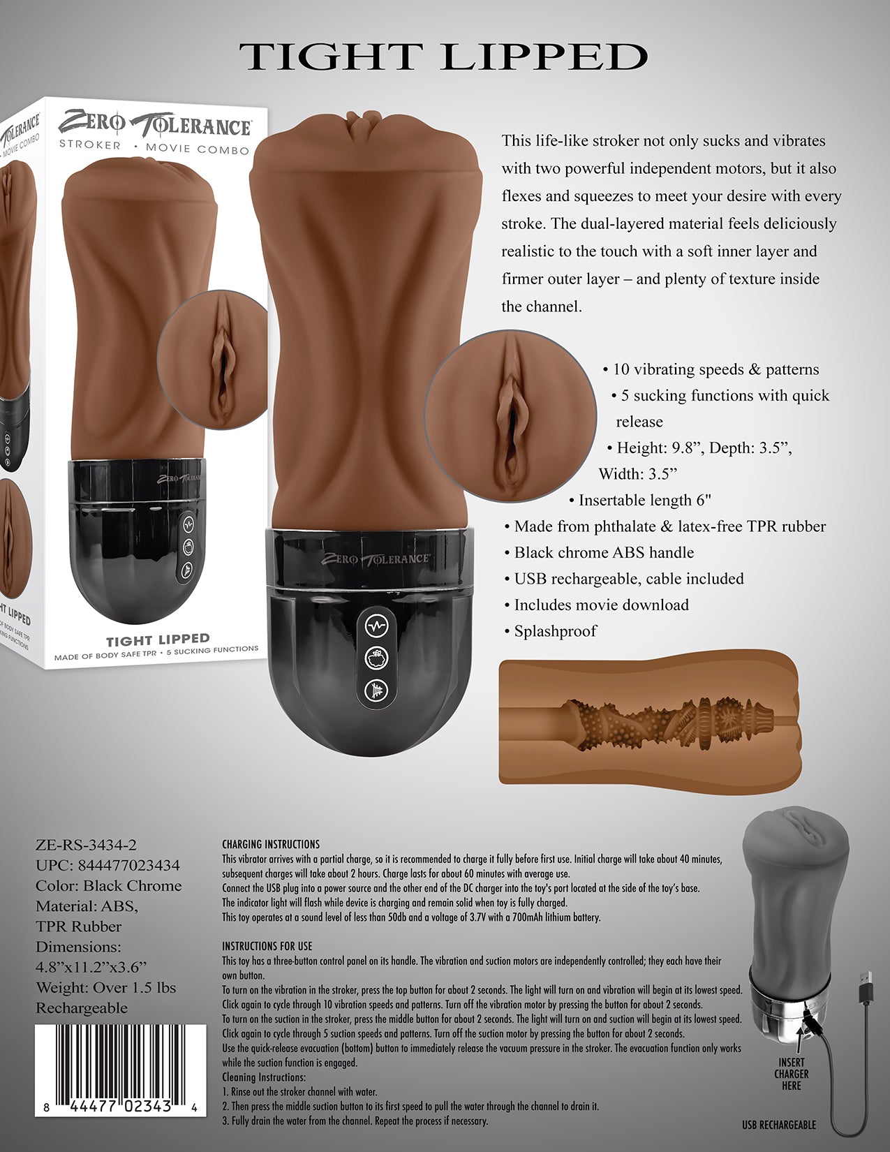 Zero Tolerance TIGHT LIPPED - Dark Brown USB Rechargeable Vibrating Stroker