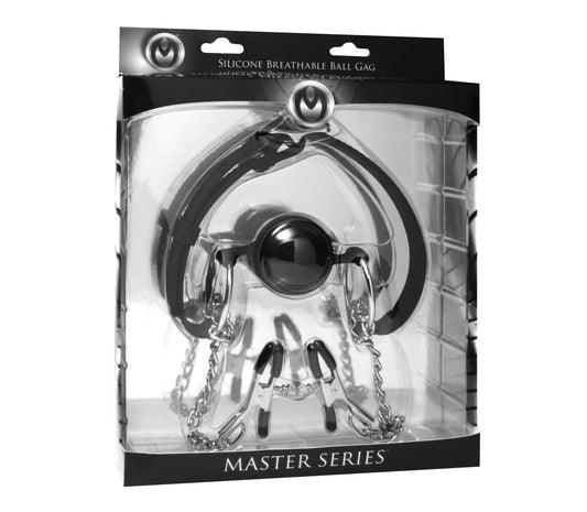 Master Series Hinder Breathable Silicone Ball Gag With Nipple Clamps