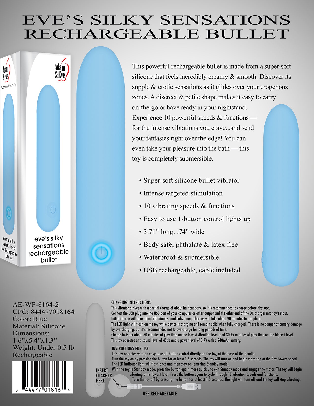 Adam & Eve Eve's Silky Sensations USB Rechargeable Bullet Vibrator Blue 9.4cm