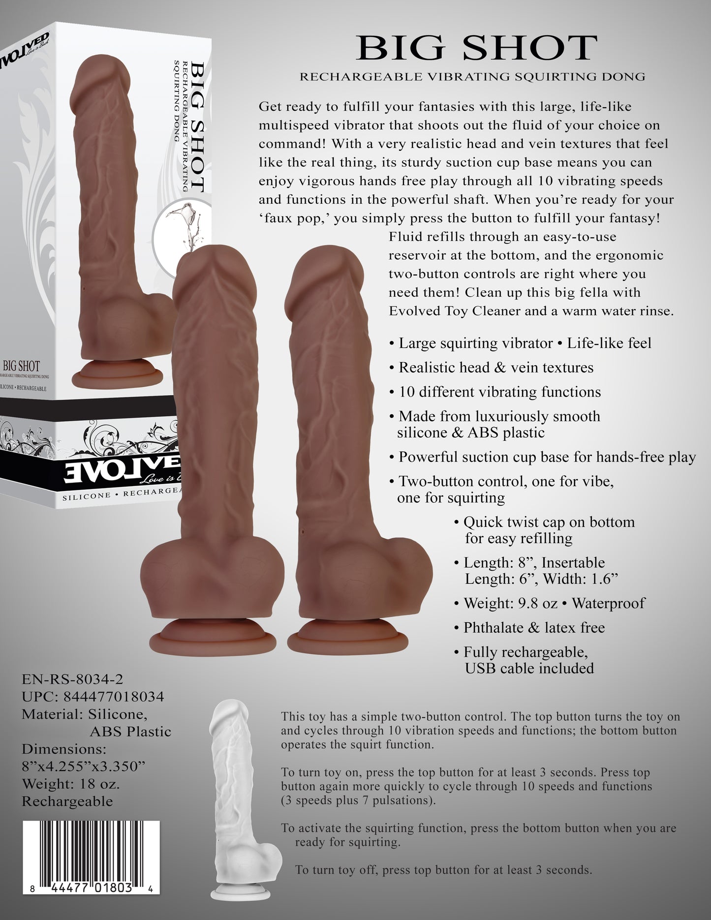 Evolved Big Shot - Brown 20.3cm (8") USB Rechargeable Squirting Dong Dildo