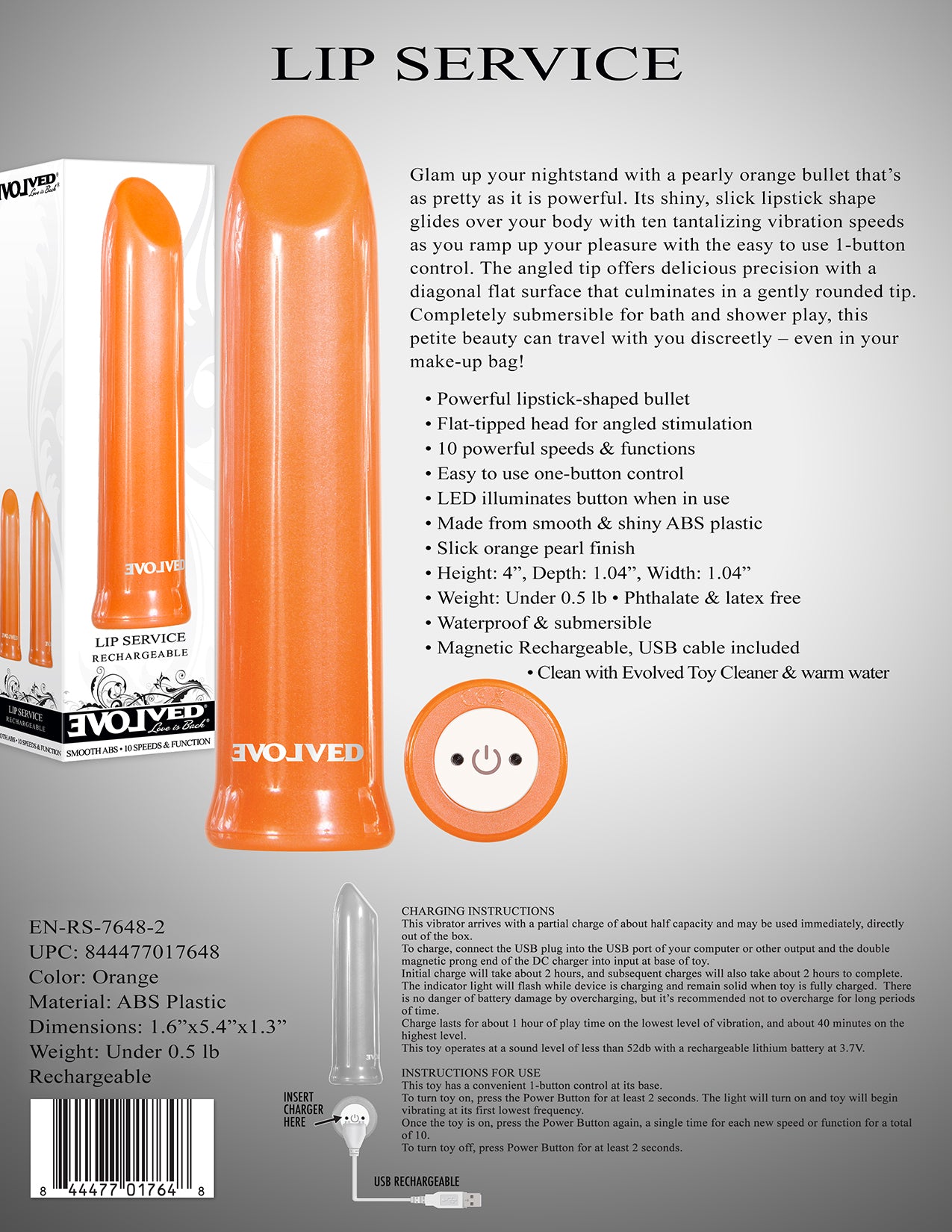 Evolved Lip Service Orange 10cm USB Rechargeable Lipstick Bullet Vibrator