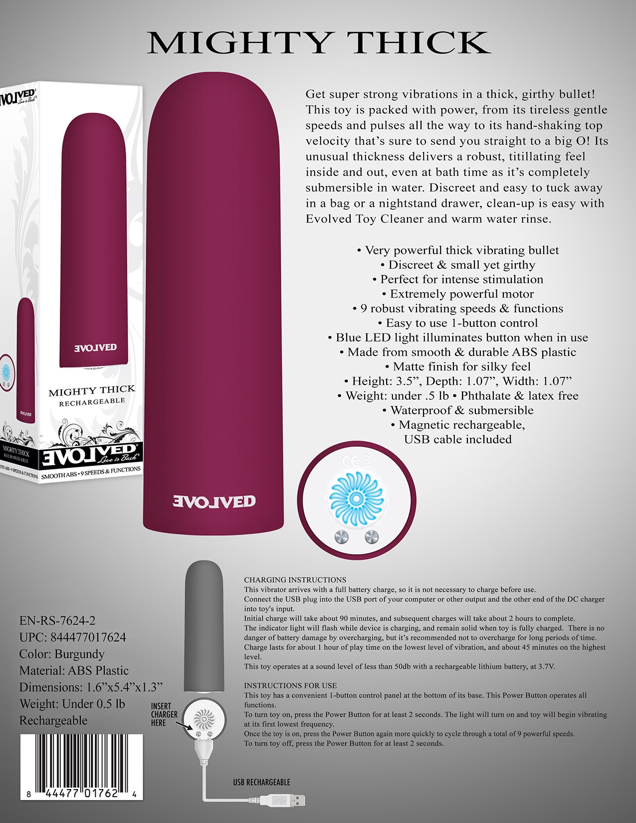 Evolved Mighty Thick Burgundy Red 9cm USB Rechargeable Bullet Vibrator