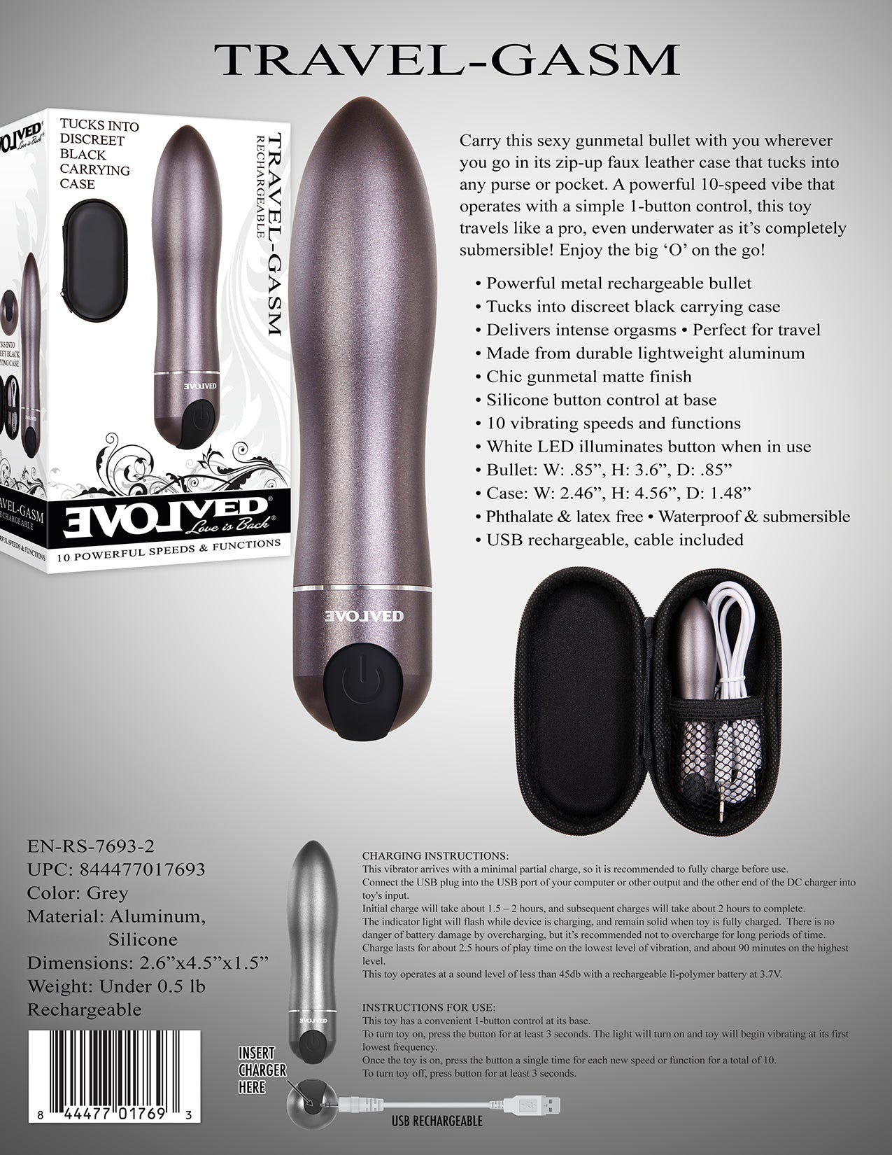 Evolved Travel-Gasm Gray 9cm USB Rechargeable Bullet Vibrator with Travel Case