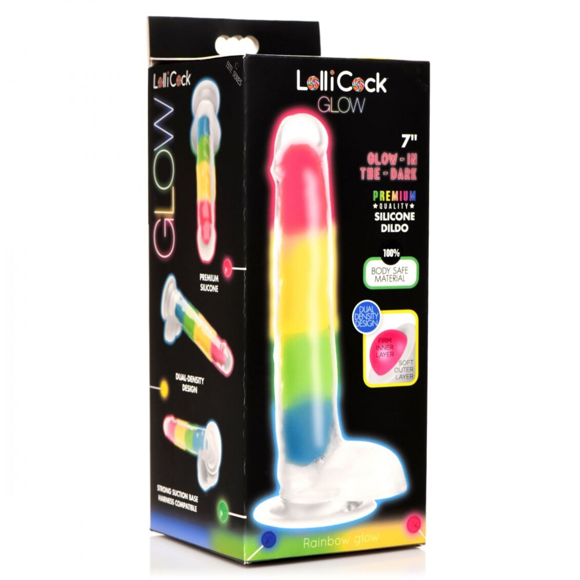 Curve Toys | Lollicock 7" Glow-in-the-Dark Rainbow Silicone Dildo w/ Balls