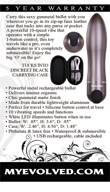 Evolved Travel-Gasm Gray 9cm USB Rechargeable Bullet Vibrator with Travel Case