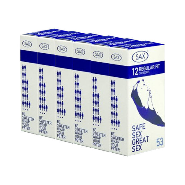 Sax Regular Fit Latex Condoms 53mm - 6x12 boxes - 6 Pack (72 Condoms)