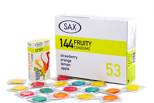 Sax Fruity Strawberry/Orange/Lemon/Apple Condoms Bulk 144