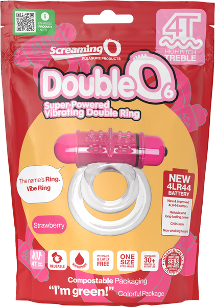 ScreamingO Double O 6 4T High Pitch Treble Bullet Vibrating Cock Ring Strawberry