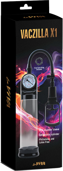 La Viva Vaczilla X1 TPR Chamber Sleeve Penis Pump 7.9" Cylinder + Pressure Gauge