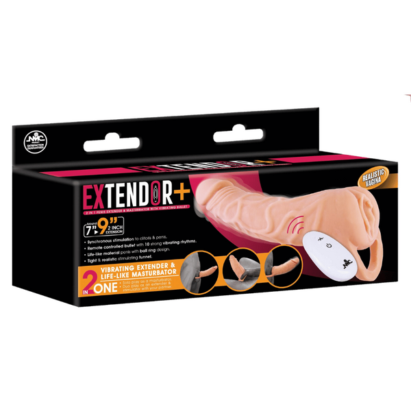 Excellent Power 2 in 1 Vibrating Extendor & Masturbator Sleeve 9" Flesh w Remote Control I