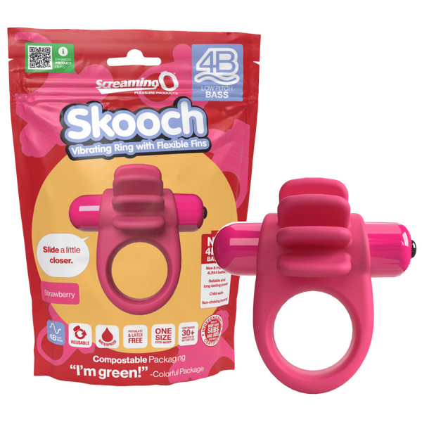 ScreamingO 4B Low Pitch Bass Skooch Vibrating Cock Ring with Flexible Fins - Strawberry