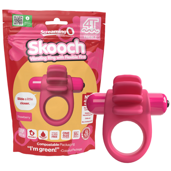 ScreamingO 4T High Pitch Treble Skooch Vibrating Cock Ring with Flexible Fins - Strawberry