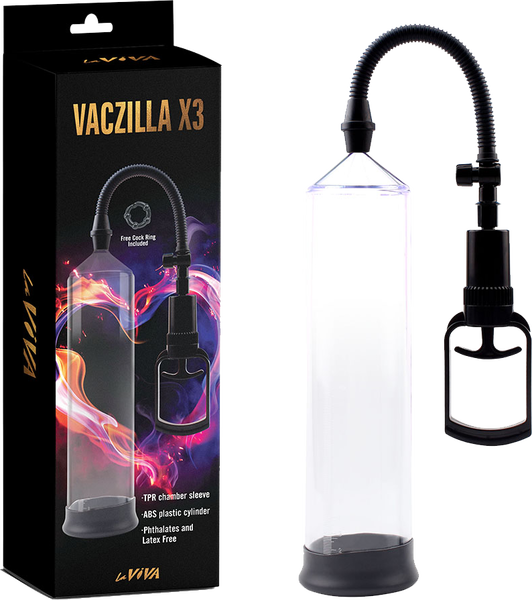 La Viva Vaczilla X3 TPR Chamber Sleeve Penis Pump 7.9" Cylinder + Cock Ring