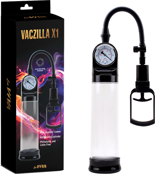 La Viva Vaczilla X1 TPR Chamber Sleeve Penis Pump 7.9" Cylinder + Pressure Gauge