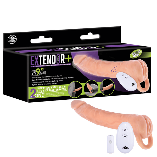 Excellent Power 2 in 1 Vibrating Extendor & Masturbator Sleeve 9" Flesh w Remote Control II