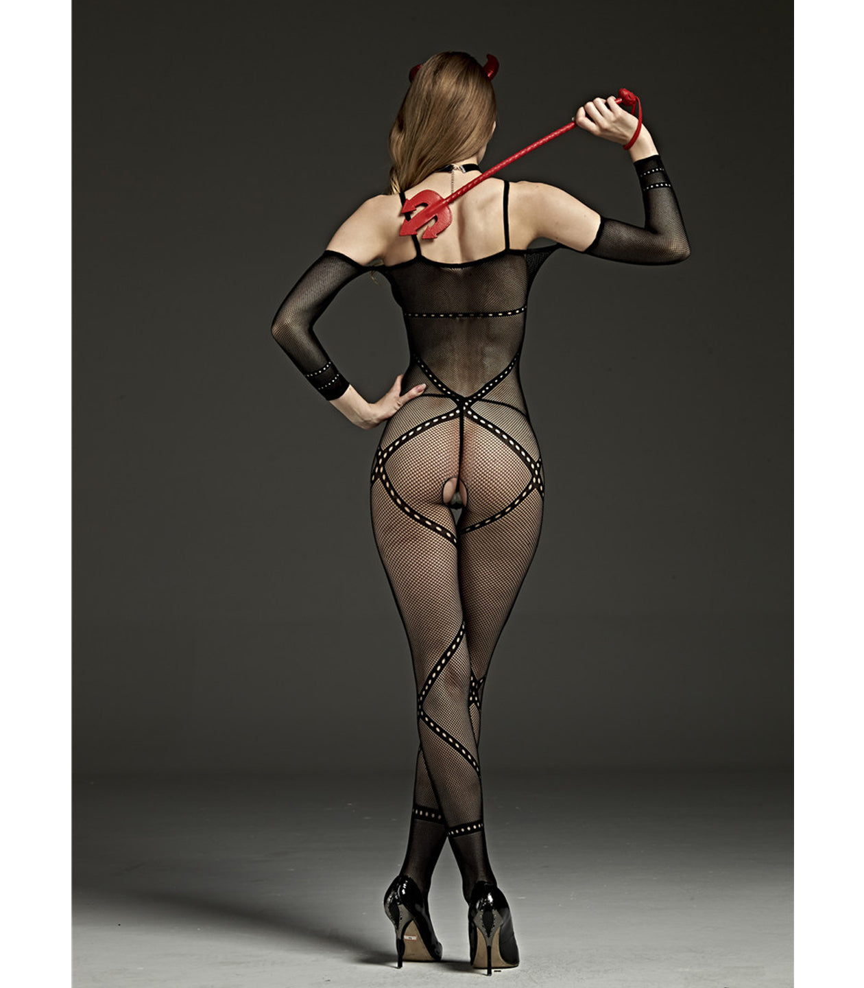 Rimes Fetish Lingerie Crotchless Open Shoulder Long Sleeve Bodystocking Black Size OS