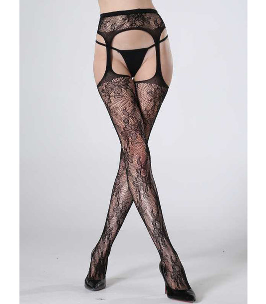 Cindy Love Lace Fishnet Thigh High Stockings With Attached Garter Black Size OS