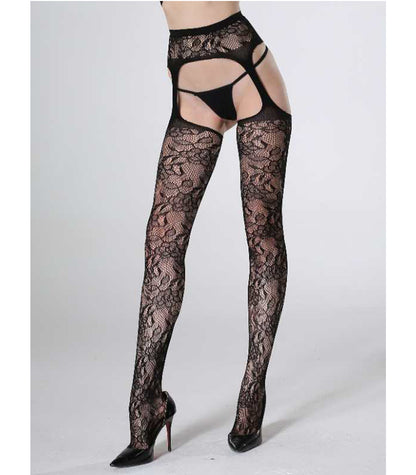 Cindy Love Floral Lace Fishnet Thigh High Stockings With Attached Garter Black Size OS