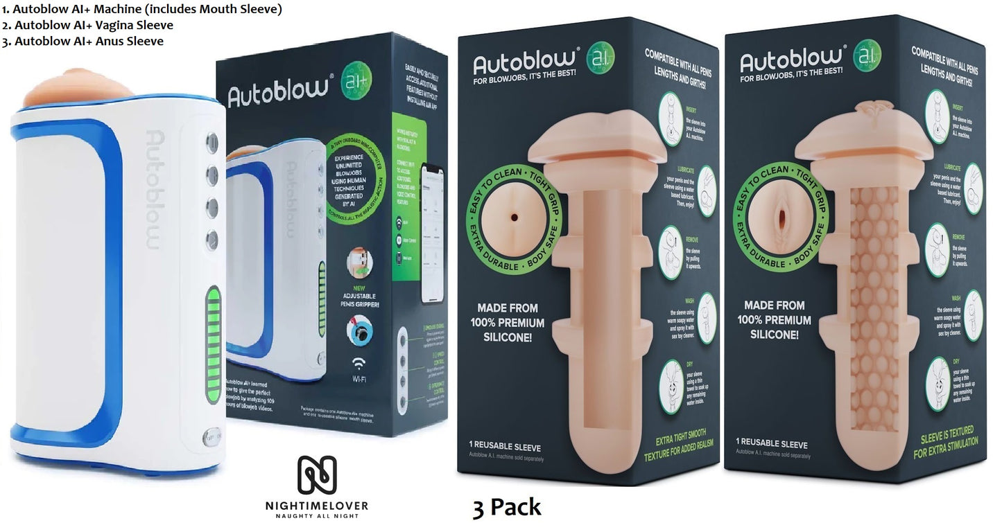 Autoblow AI+ Automatic Stroking Blowjob Machine + Vagina + Anus Sleeve - 3 Pack