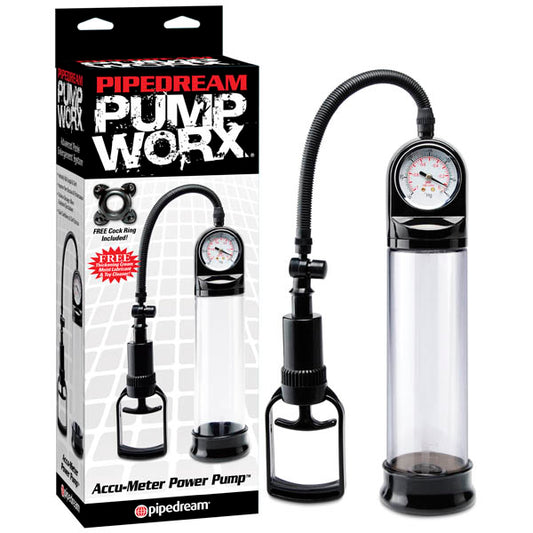 Pipedream Pump Worx Accu-Meter Power Pump - Clear/Black Penis Pump with Gauge