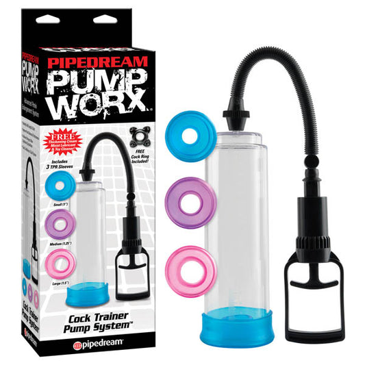 Pipedream Pump Worx Cock Trainer Pump System - Clear Penis Pump with 3 Sleeves