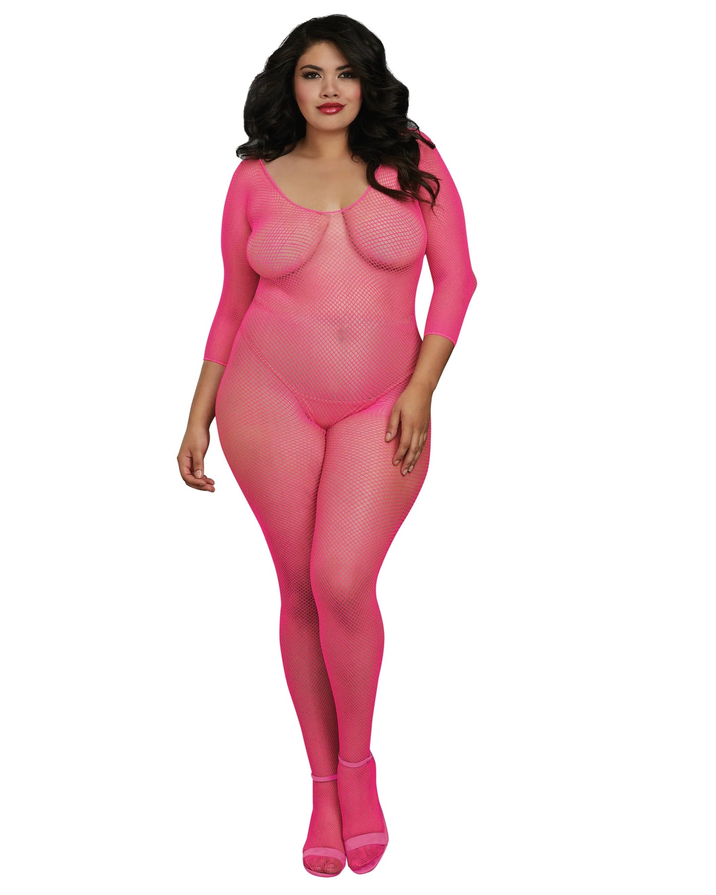 Dreamgirl Plus Size Fishnet Open Crotch Bodystocking Pink Size Queen