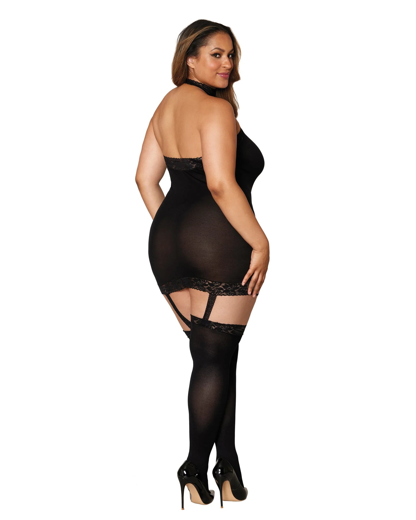 Dreamgirl Plus Size Sheer Garter Bodystocking with Thigh High Black Size Queen