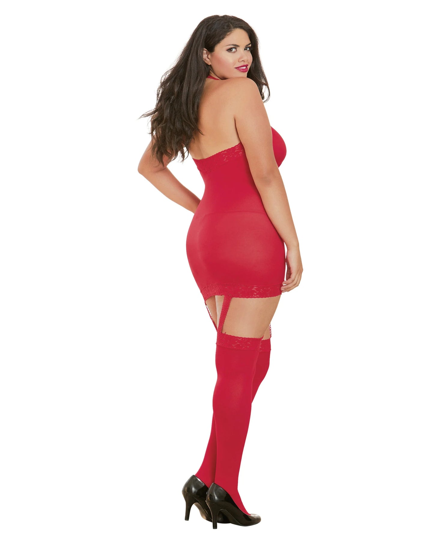 Dreamgirl Plus Size Sheer Garter Bodystocking with Thigh High Red Size Queen