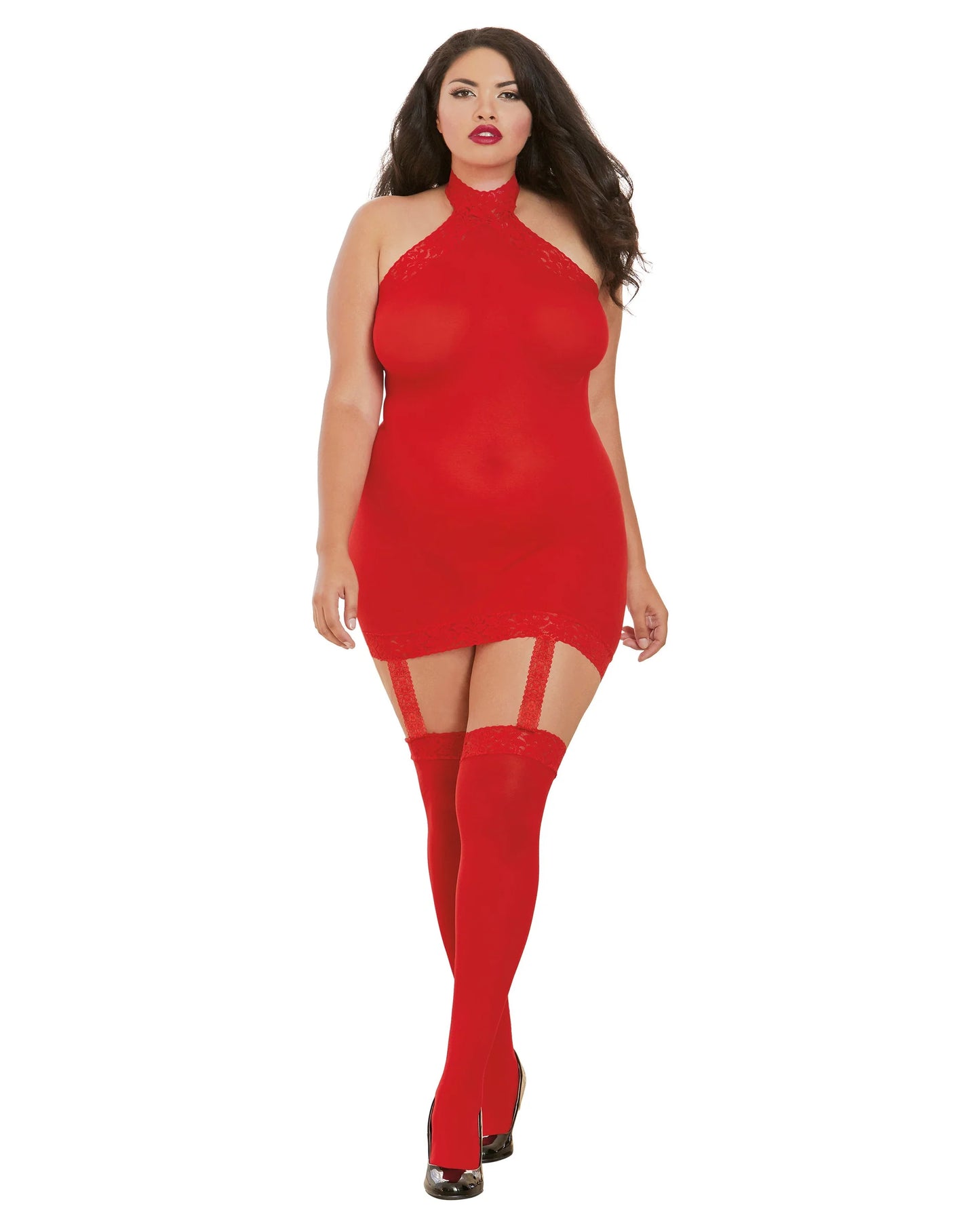 Dreamgirl Plus Size Sheer Garter Bodystocking with Thigh High Red Size Queen