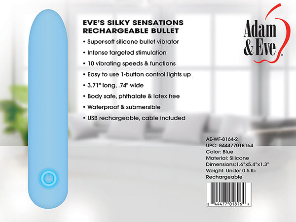 Adam & Eve Eve's Silky Sensations USB Rechargeable Bullet Vibrator Blue 9.4cm