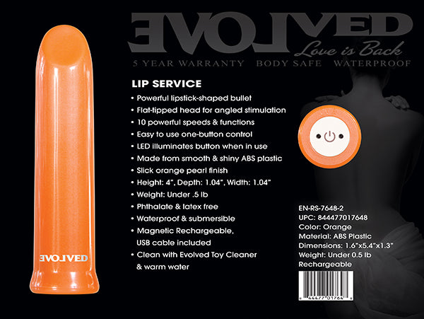 Evolved Lip Service Orange 10cm USB Rechargeable Lipstick Bullet Vibrator